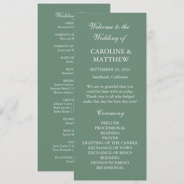 Sage Green Dinner Moderne Minimalistische Hochzeit Programm (Vorne/Hinten)
