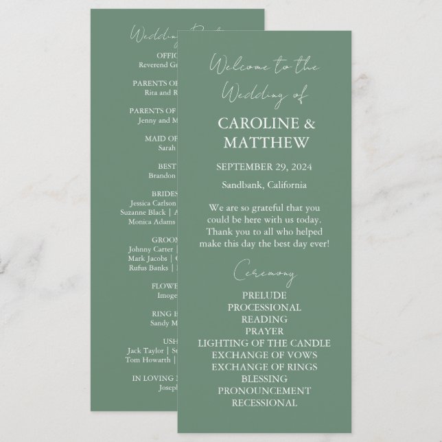 Sage Green Dinner Moderne Minimalistische Hochzeit Programm (Vorne/Hinten)