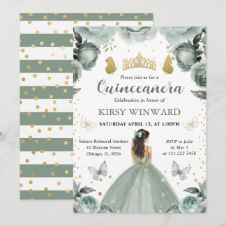 Sage Green Dress Brünett Princess Quinceanera Einladung