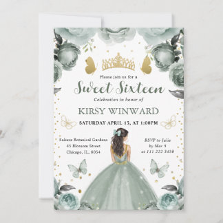 Sage Green Dress Brünett Princess Sweet 16 Einladung