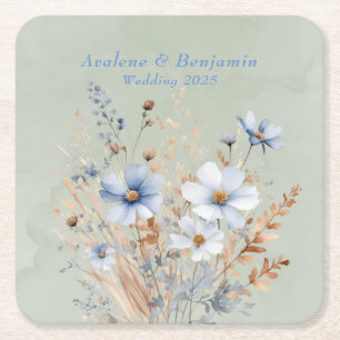 Sage Green Dusty Blue Wildblume Wedding Rechteckiger Pappuntersetzer