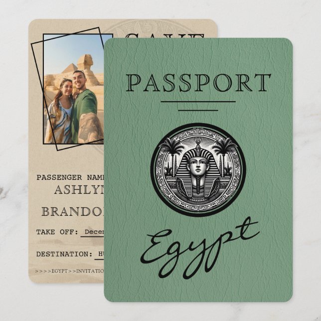 Sage Green Egypt Passport Wedding Save the Date (Vorne/Hinten)