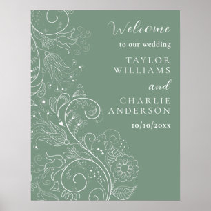Sage Green Elegant Blumenhochzeit Willkommen Poster