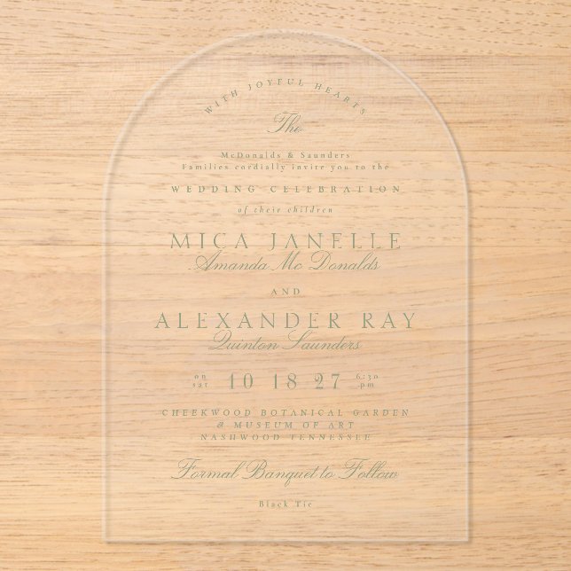 Sage Green Elegant Calligraphy Formal Wedding Acryleinladungen (Vorderseite)