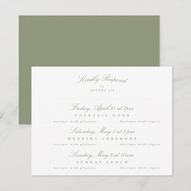Sage Green Elegant Calligraphy Multi-Event RSVP Karte (Vorne/Hinten)