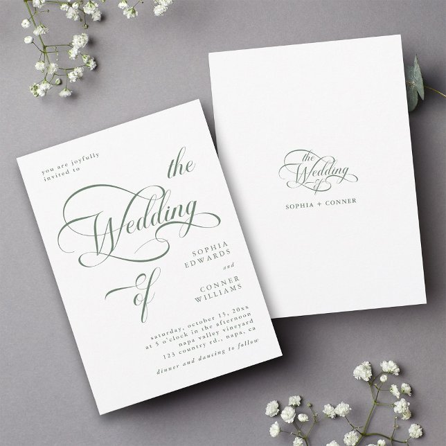 Sage Green Elegant Classy Calligraphy Wedding Einladung (Front & Back)