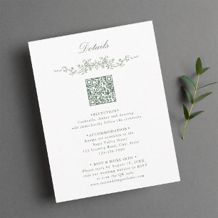 Sage Green Elegant Floral QR Code Hochzeitdetails Begleitkarte