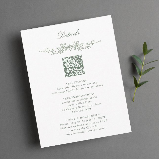 Sage Green Elegant Floral QR Code Hochzeitdetails Begleitkarte (Von Creator hochgeladen)