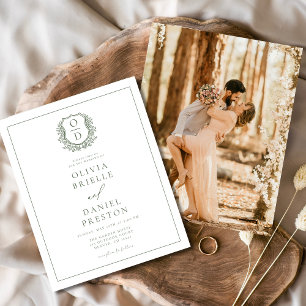 Sage Green Elegant Leafy Wappen Monogram Wedding Flyer