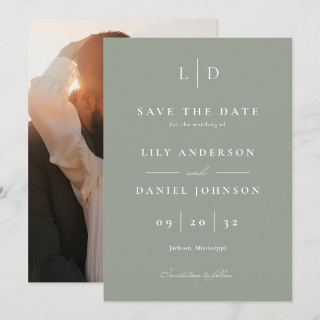 Sage Green Elegant Minimalistisch Monogram Wedding Save The Date (Vorne/Hinten)