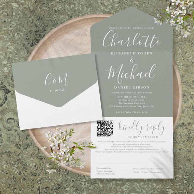 Sage Green Elegant Modernes Script QR Code Hochzei All In One Einladung (Sage Green Elegant Modern Script QR Code Wedding All In One Invitation)