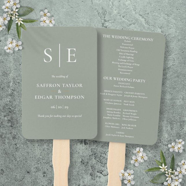 Sage Green Elegant Monogram Wedding Program Fächer (Sage Green Elegant Monogram Wedding Program Hand Fan)