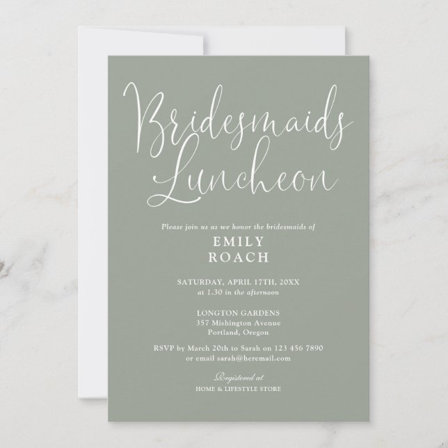 Sage Green Elegant Script Bridesmaids Luncheon Einladung (Vorderseite)