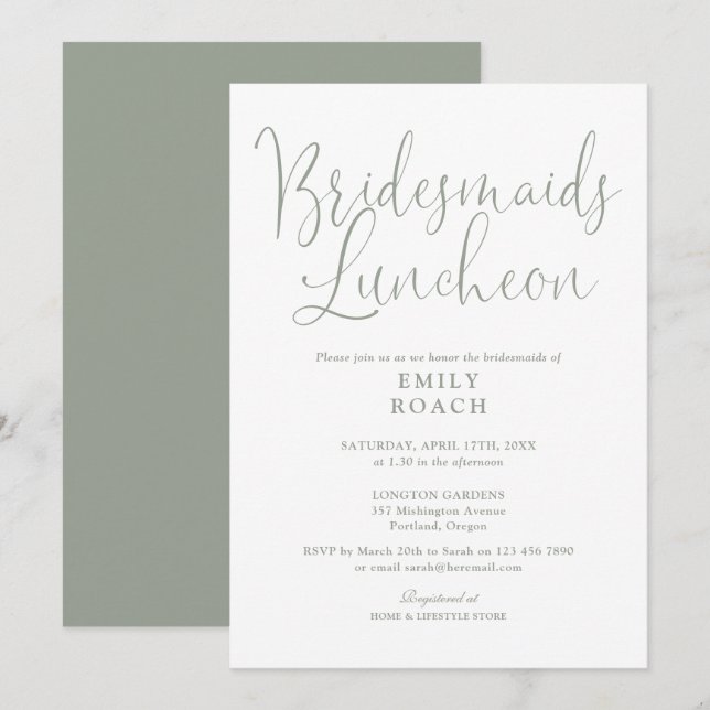 Sage Green Elegant Script Bridesmaids Luncheon Einladung (Vorne/Hinten)
