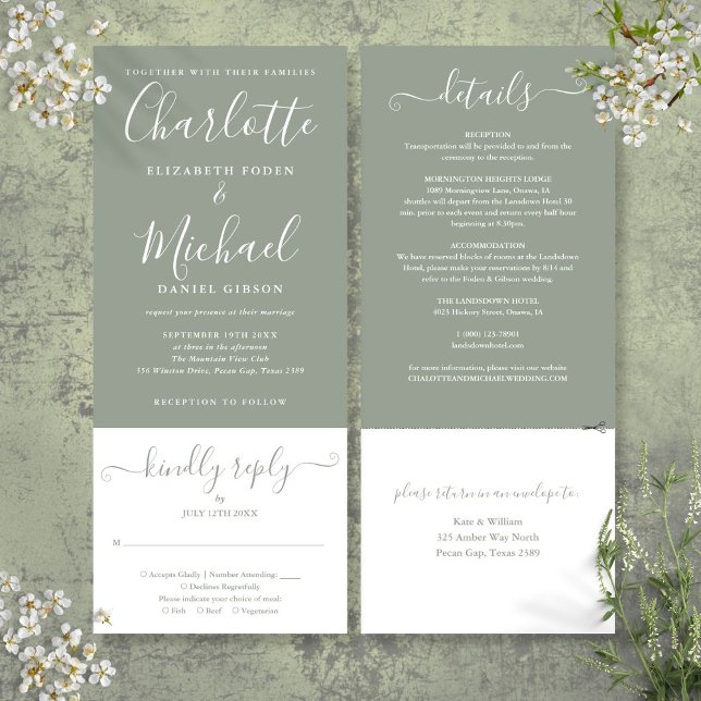 Sage Green Elegant Script in einer Hochzeit Einladung (Sage Green Elegant Script All In One Wedding Invitation)
