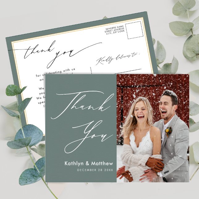 Sage Green Elegant Script Modern Wedding Vielen Da Postkarte (Von Creator hochgeladen)