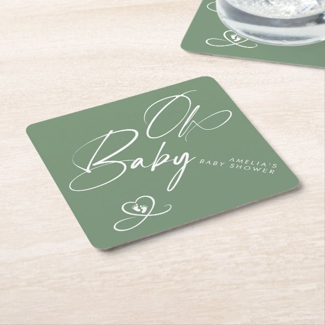 Sage Green Elegant Script Oh Baby Baby Shower Untersetzer (angewinkelt)