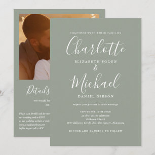 Sage Green Elegant Script QR Code Foto Hochzeit Einladung