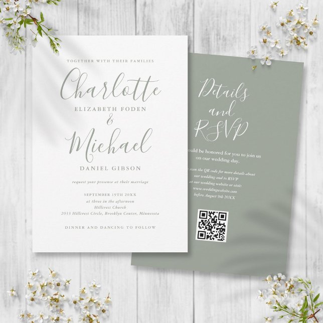Sage Green Elegant Script QR Code Hochzeit Einladung (Sage Green Elegant Script QR Code Wedding Invitation)