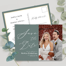 Sage Green Elegant Script Wedding Save the Date Ankündigungspostkarte