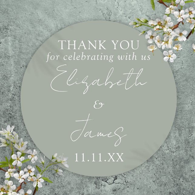 Sage Green Elegant Script Wedding Vielen Dank Runder Aufkleber (Sage Green Elegant Script Wedding Thank You Classic Round Sticker)