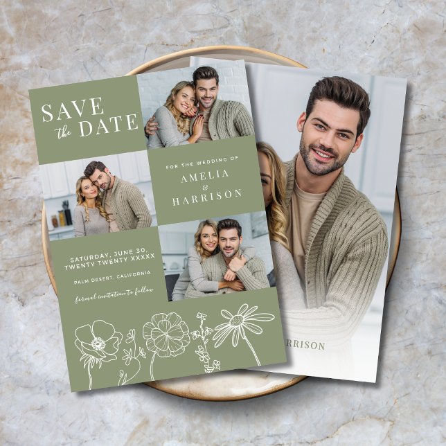 Sage Green Elegant Vier-Foto Hochzeit der Blumen Save The Date (Sage Green Elegant Floral Four Photo Wedding Save the Date with Line Art, 3 front photos, 1 on back.)
