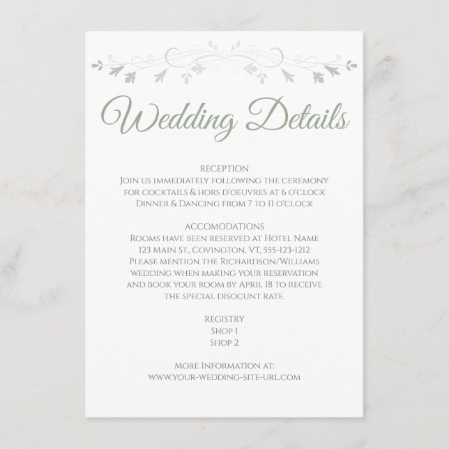 Sage Green Elegant Wedding Details Enclosure Card Begleitkarte (Vorderseite)
