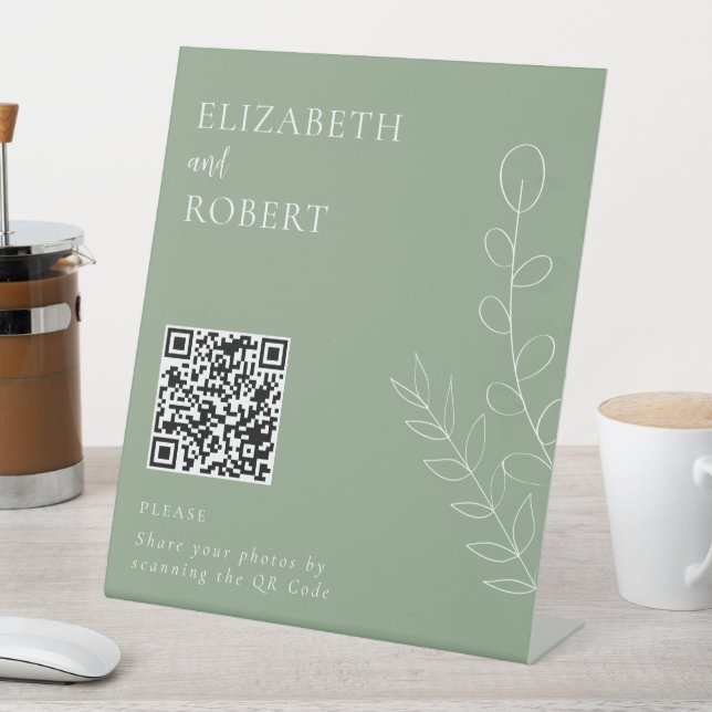 Sage Green Elegant Wedding Foto Share QR Code Sockelschild (In Situ)