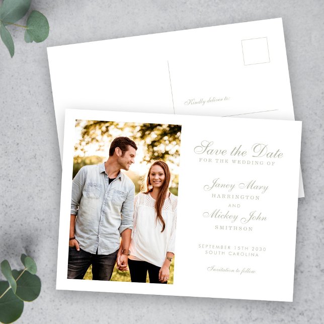 Sage Green Elegant Wedding Save the Date Einladungspostkarte (Von Creator hochgeladen)