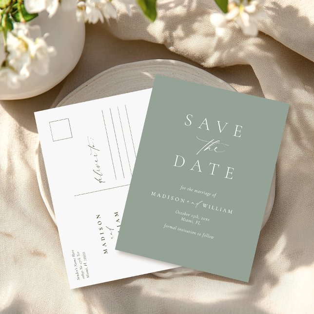 Sage Green Elegant Wedding Save the Date Postkarte (Von Creator hochgeladen)