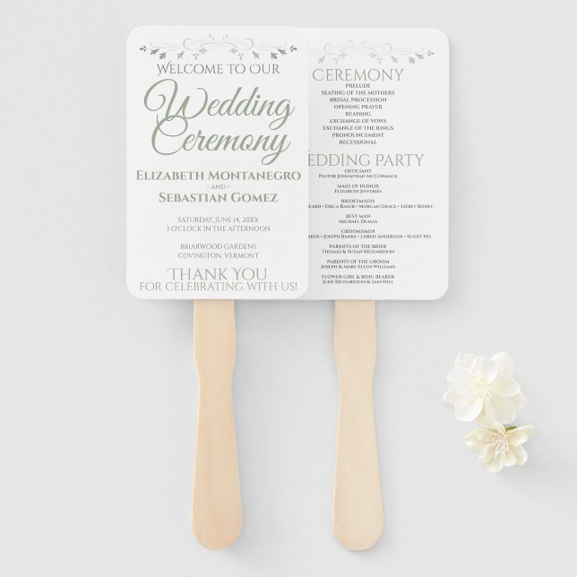 Sage Green Elegant White Wedding Fans mit Programm Fächer (Vorne und Hinten)