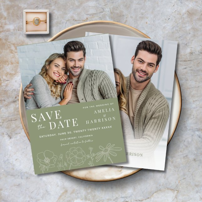Sage Green Elegant Zwei-Foto-Hochzeit Save The Date (Sage Green Elegant Floral Two Photo Wedding Save the Date with Line Art Flowers.)