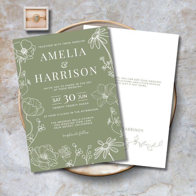 Sage Green Elegante Blumenstrauch Einladung (Sage Green Elegant Floral Line Art Wedding Invitation with Optional Text on Back.)