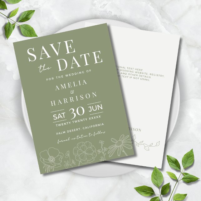 Sage Green Elegante Blumenstrauch Save The Date (Sage Green Elegant Floral Line Art Wedding Save the Date Invitation with Optional Text on Back.)