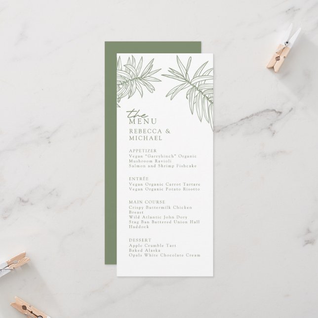 Sage Green Elegante Botanische Hochzeitsmenü (Vorderseite/Rückseite Beispiel)