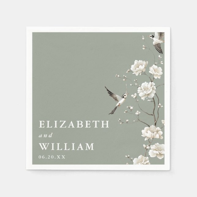 Sage Green Elegante Chinoiserie Rodelbahn Serviette (Vorderseite)