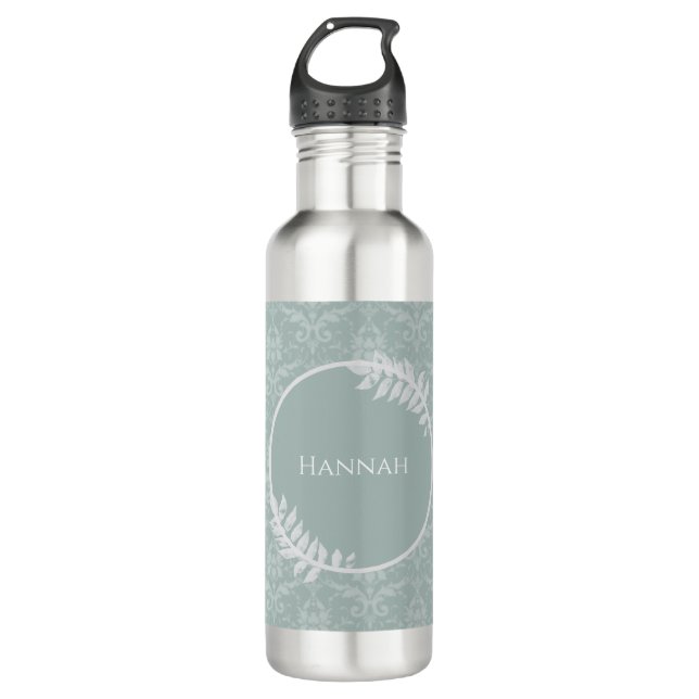 Sage Green Elegante Damask Personalisiert Edelstahlflasche (Vorderseite)