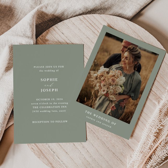 Sage Green Elegante Text und Foto | Hochzeit Einladung (Von Creator hochgeladen)