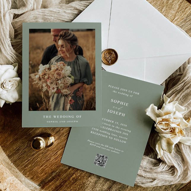 Sage Green Elegante Text und Foto QR Code Hochzeit Einladung (Von Creator hochgeladen)