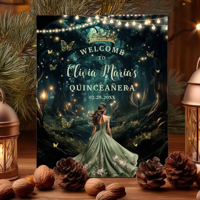 Sage Green Enchanted Forest Quinceañera Willkommen Poster (enchanted forest fairylights fireflies a girl in a sage green dress quinceanera welcome sign poster)