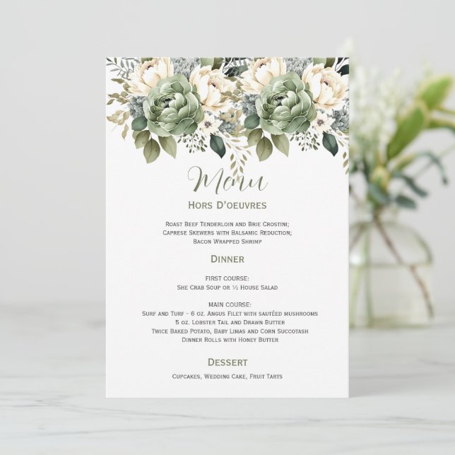 Sage Green Eucalyptus Floral Wedding | Menu Einladung (Stehend Vorderseite)