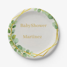 Sage Green Eucalyptus Gold Baby Shower Paper Plate Pappteller