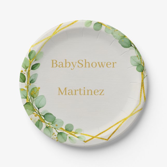 Sage Green Eucalyptus Gold Baby Shower Paper Plate Pappteller (Vorderseite)