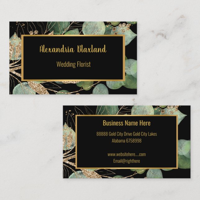 SAGE GREEN EUCALYPTUS GOLD BLACK BUSINESS CARD VISITENKARTE (Vorne/Hinten)