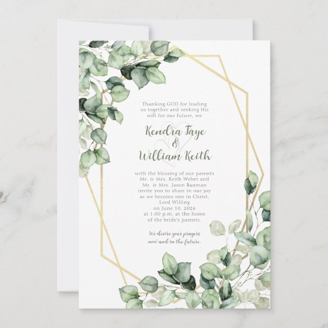 Sage Green Eucalyptus Gold Geometric Wedding Einladung (Vorderseite)