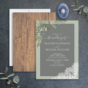 Sage Green Eucalyptus Lace Wood Script Hochzeit Einladung