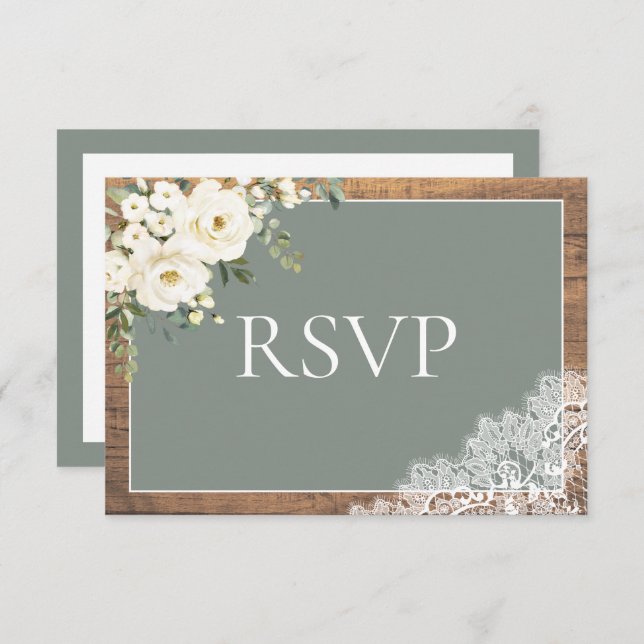 Sage Green Eucalyptus Lace Wood Wedding RSVP (Vorne/Hinten)