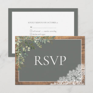 Sage Green Eucalyptus Lace Wood Wedding RSVP Karte