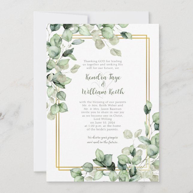 Sage Green Eucalyptus Leaves Gold Frame Wedding Einladung (Vorderseite)