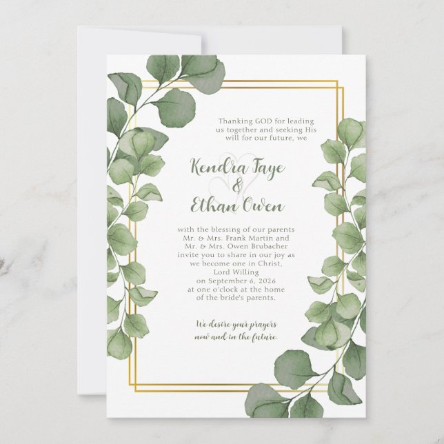 Sage Green Eucalyptus Leaves Gold Frame Wedding Einladung (Vorderseite)